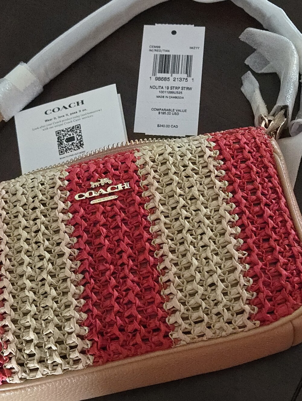 NWT Coach Nolita 19 Sm. Grab Clutch Raffia & Leather Red & Tan - Picture 10 of 12